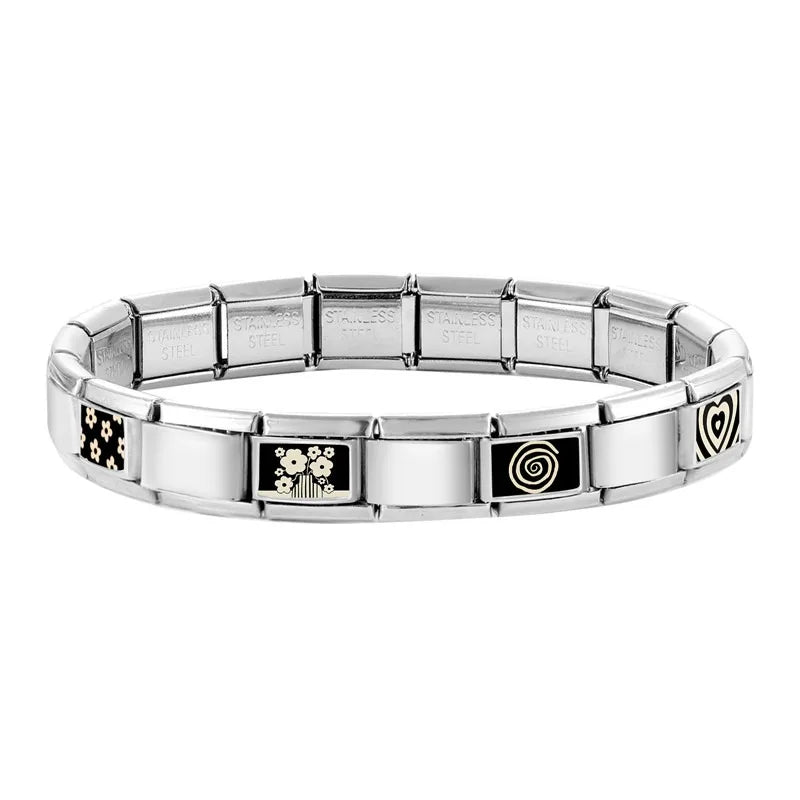 DIY Italian Charm Bracelet – Black & Red Cat Eye, Heart & Stripe Charms, 9mm Stainless Steel