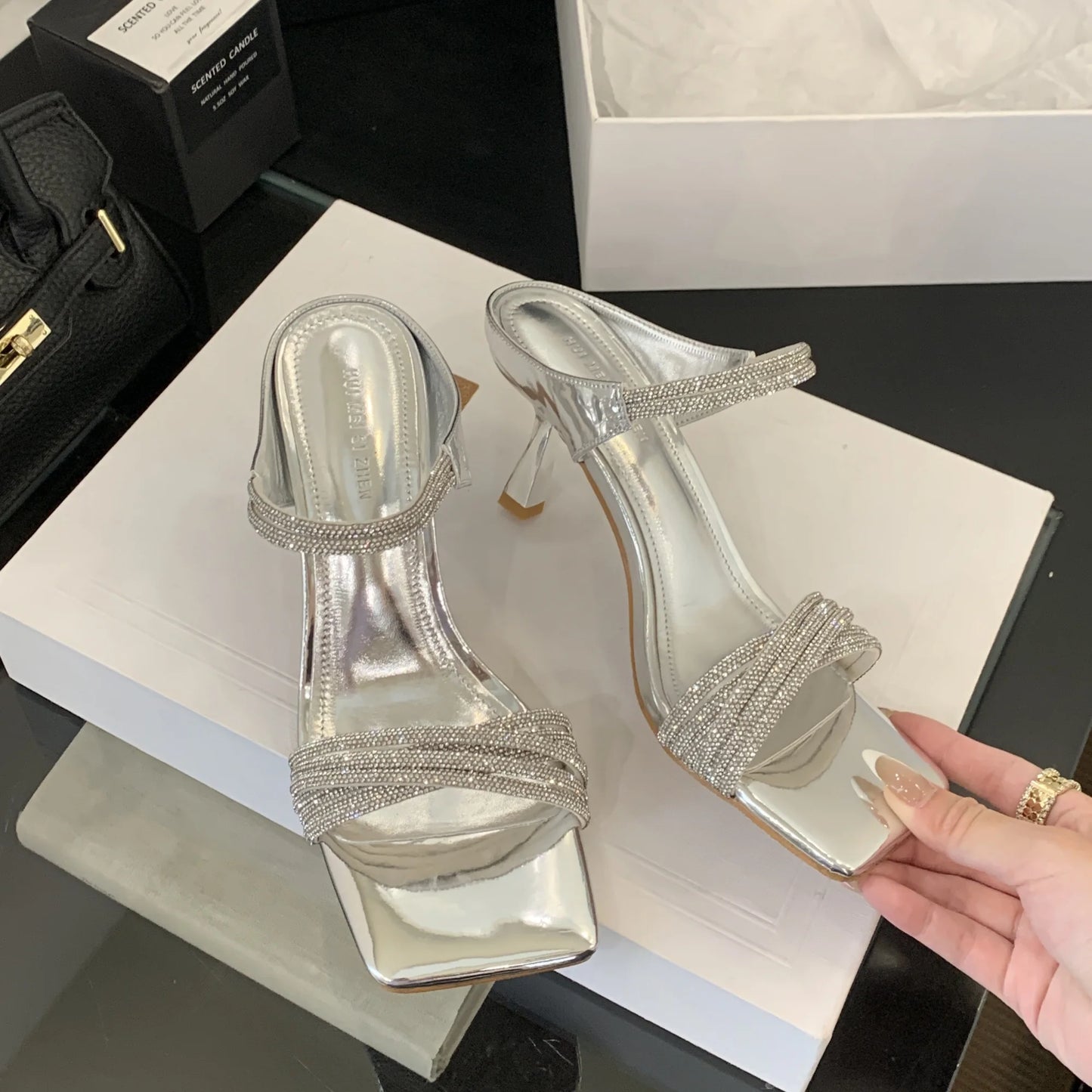 Women’s Open Toe High Heel Sandals with Rhinestone Spaghetti Straps | Party & Dress Shoes