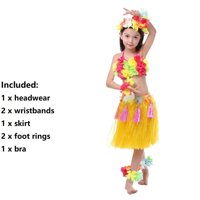 Hawaiian Hula Costume Set for Kids & Teens – Grass Skirt, Top, Flower Lei Necklace, Headband, Anklets & Bracelets (40 cm)
