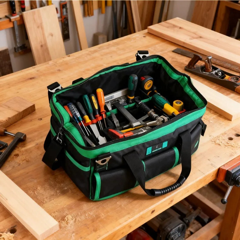 Heavy-Duty Tool Bag with Wide Mouth Opening, Compact Tool Organizer with Soft Handle, Zippered Electrician Storage Bag