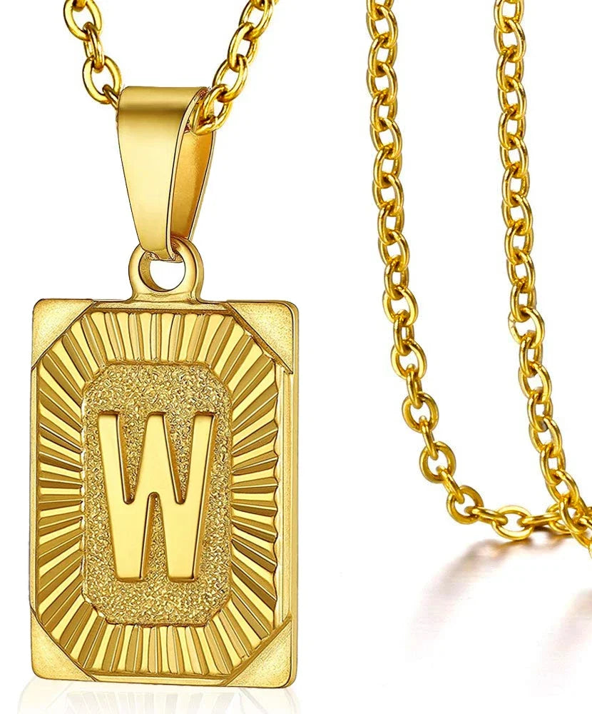 Initial Letter Pendant Necklace – Stainless Steel Cuban Link Chain, Square Charm Alphabet Necklace for Men & Women, Couple Gift Jewelry