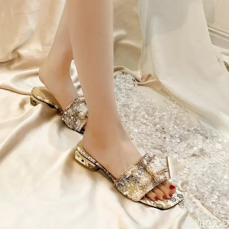 Women’s Slippers 2025 – Luxury Pearl Rhinestone Chunky Heel Sandals, Summer Butterfly-Knot Slip-On Shoes