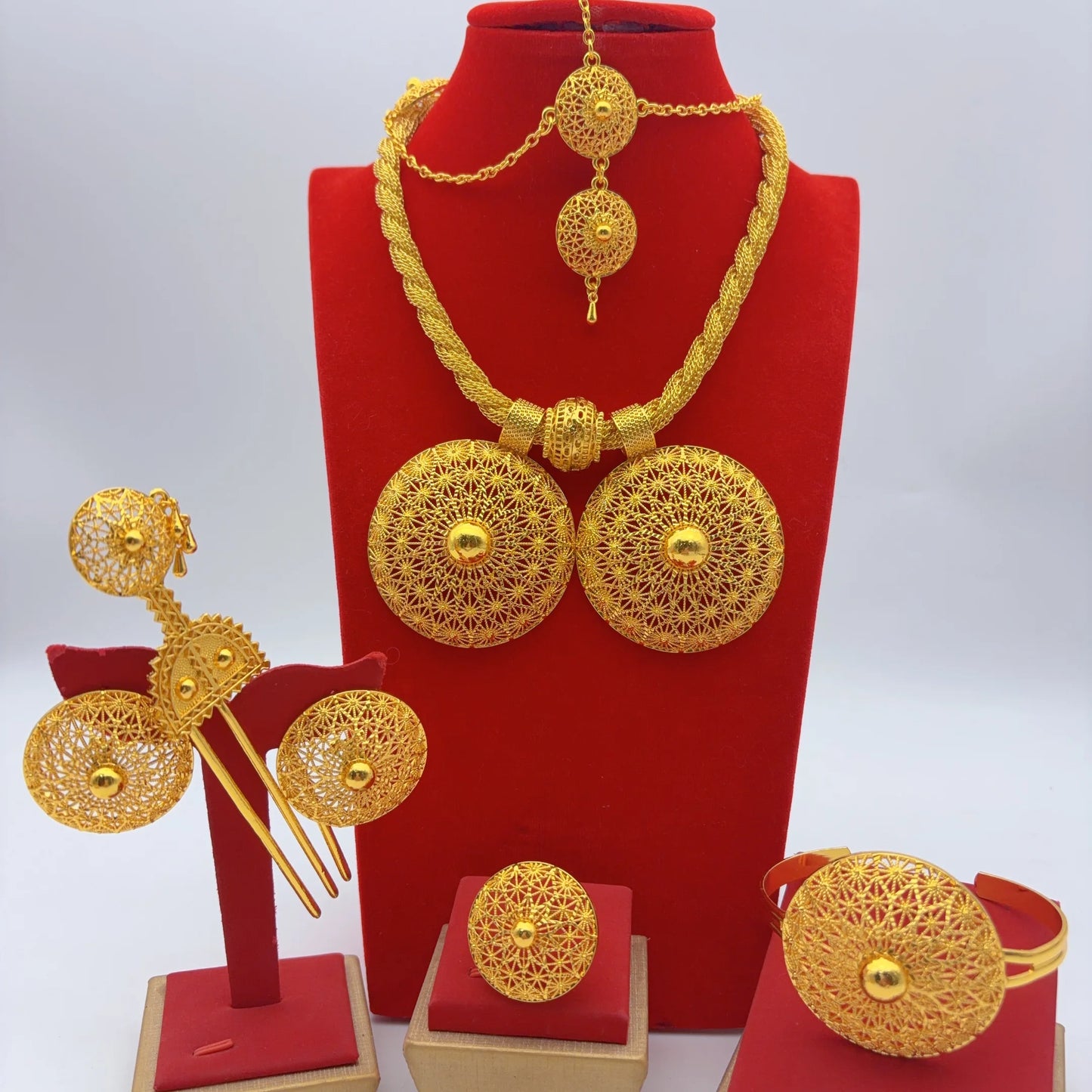 African Ethiopian Eritrean Habesha Dubai 24K Gold-Plated Flower Pendant 6-Piece Jewelry Set