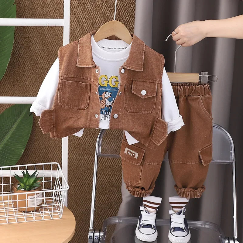 2025 Autumn New Style Denim Long Sleeve Vest With Double Pocket Children's Fashion Streetwear Three-Piece Suit For Middle And Small K