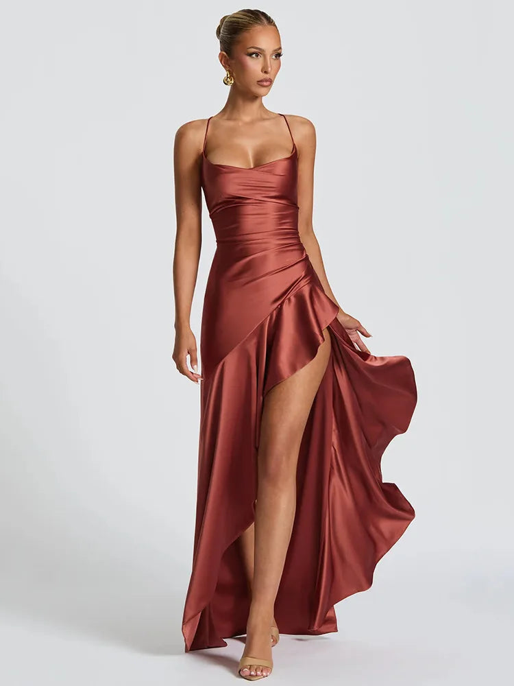 Elegant Spaghetti Strap Satin Split Maxi Dress for Women – Sexy Backless Bodycon Party & Evening Dress, Perfect for Summer Holidays & Beachwear