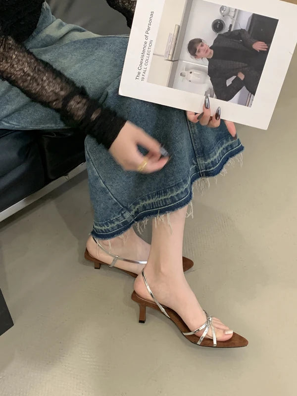 Women’s Summer Heeled Sandals – 2025 Fashion Pointed-Toe Open Design with Spaghetti Straps | Party & Dress Shoes