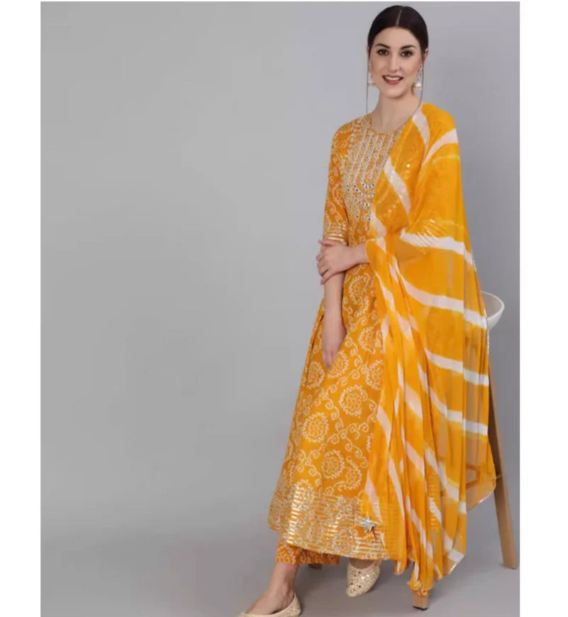 Women's Yellow Printed Cotton Indian Traditional Kurta Set with Pants & Dupatta (3-Piece)