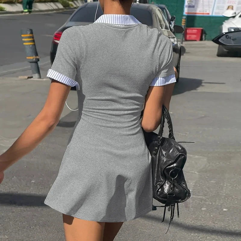 Short Sleeve Mini Dress – Square Neck Patchwork Striped High Waist Slim Fit Dress for Women