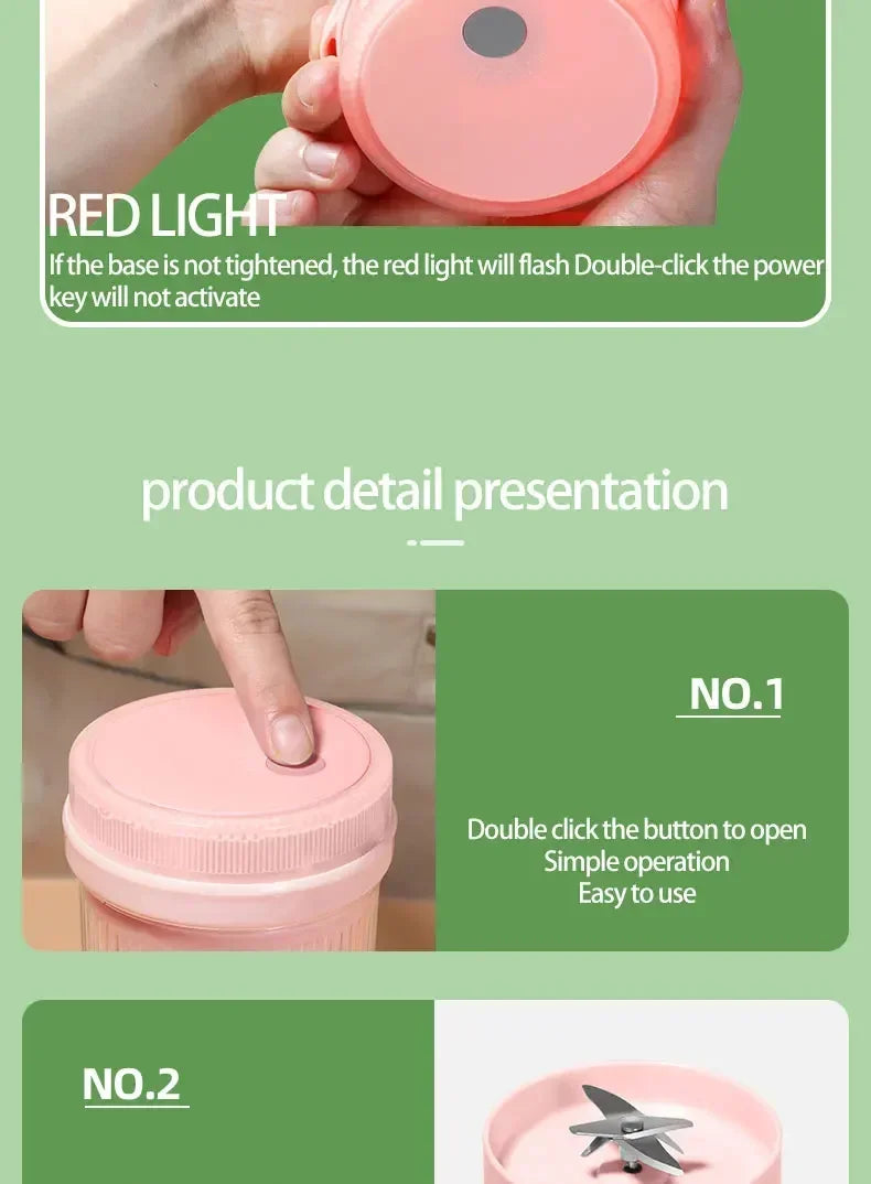 Portable USB Electric Juicer Blender, Mini 6-Blade Fruit & Milkshake Mixer for Fresh Juice