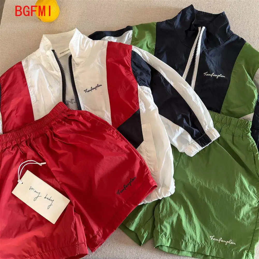Kids Color-Block Sunscreen Jacket & Shorts Set – Boys & Girls, Quick-Dry, Ages 7-13