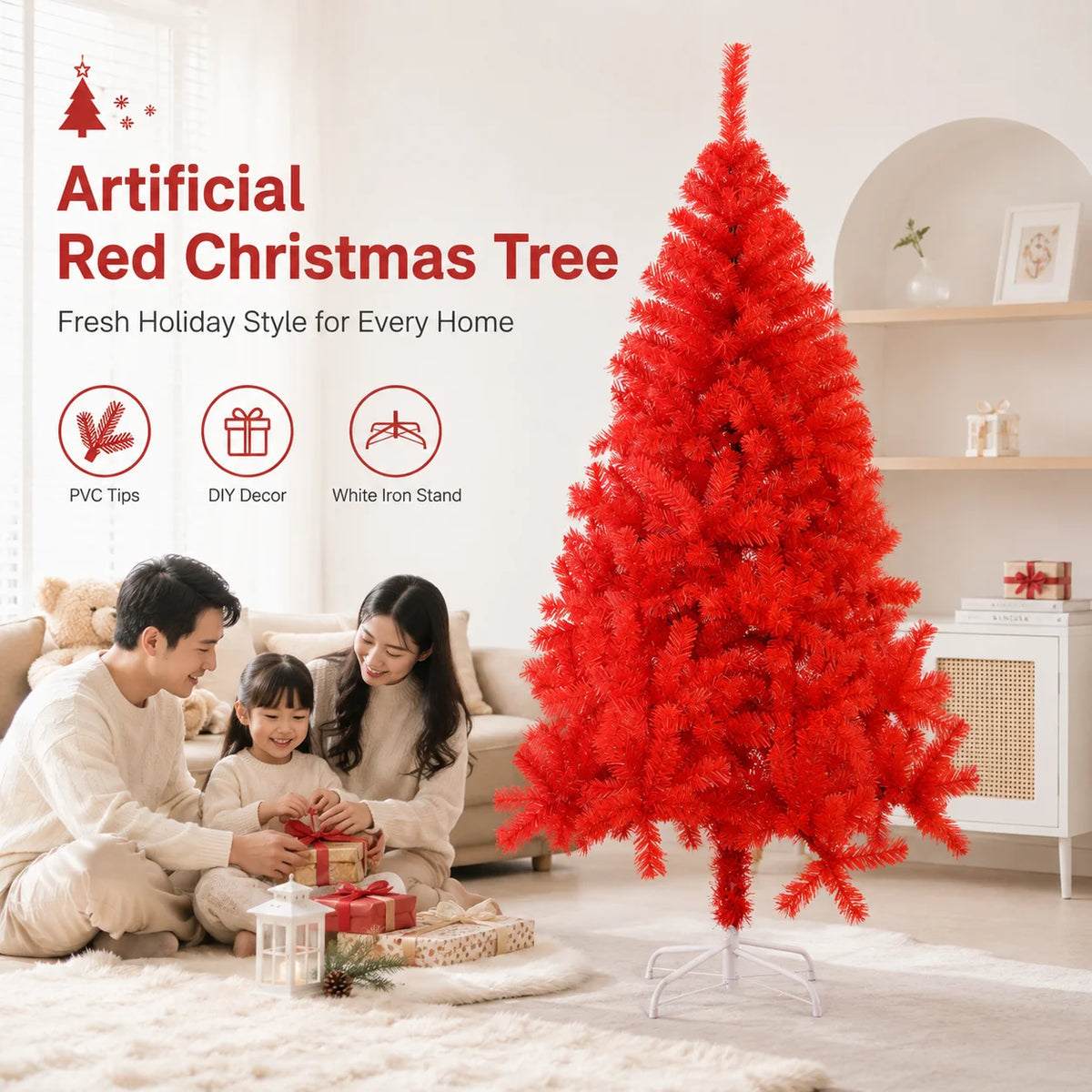 Red Artificial Christmas Tree, 120–240 cm PVC Holiday Tree with Optional Warm White USB LED Lights for Indoor Decorating