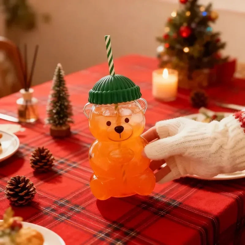 500ml Cute Bear Shaped Cup with Straw – Transparent Cartoon Coffee, Milk & Water Tumbler