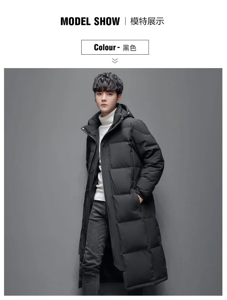 Winter Long White Down Jackets Men Women Hooded Thick Warm Over-the-Knee Puffer Jacket Man Overcoats Couple Padded Down Coat