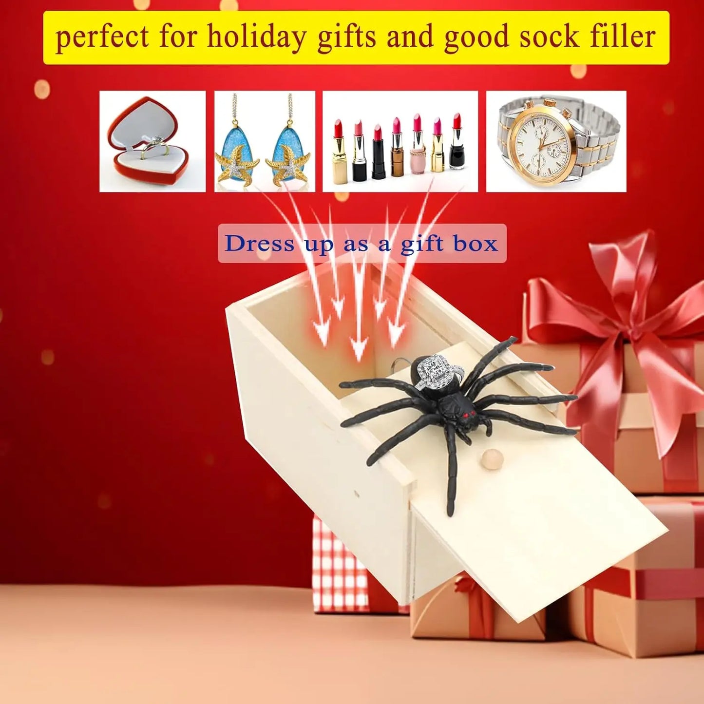 Pop-Out Spider Prank Box – Handmade Wooden Scare Box with Rubber Spider, Funny Surprise Joke Toy for Parties and Halloween