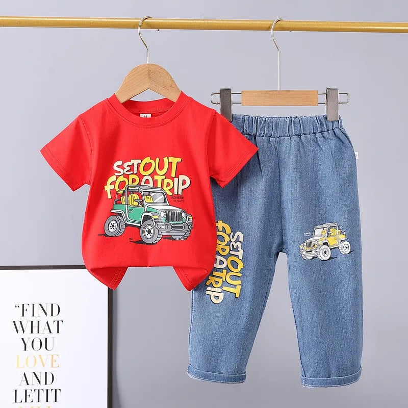 2025 New Summer Baby Boys Clothing Set Cotton Car Short Sleeve T-Shirt Pants 2Pcs Outfits for 1-4 Years Kids Children Tracksuits