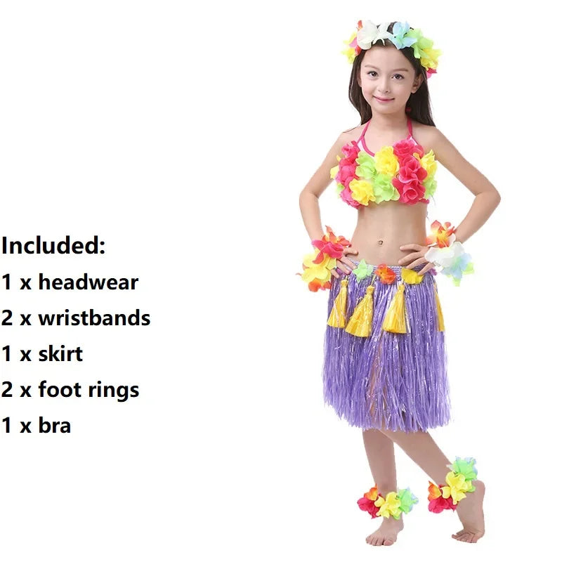 Hawaiian Hula Costume Set for Kids & Teens – Grass Skirt, Top, Flower Lei Necklace, Headband, Anklets & Bracelets (40 cm)