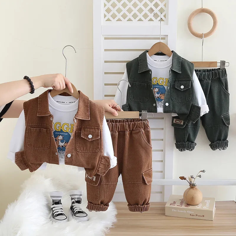 2025 Autumn New Style Denim Long Sleeve Vest With Double Pocket Children's Fashion Streetwear Three-Piece Suit For Middle And Small K