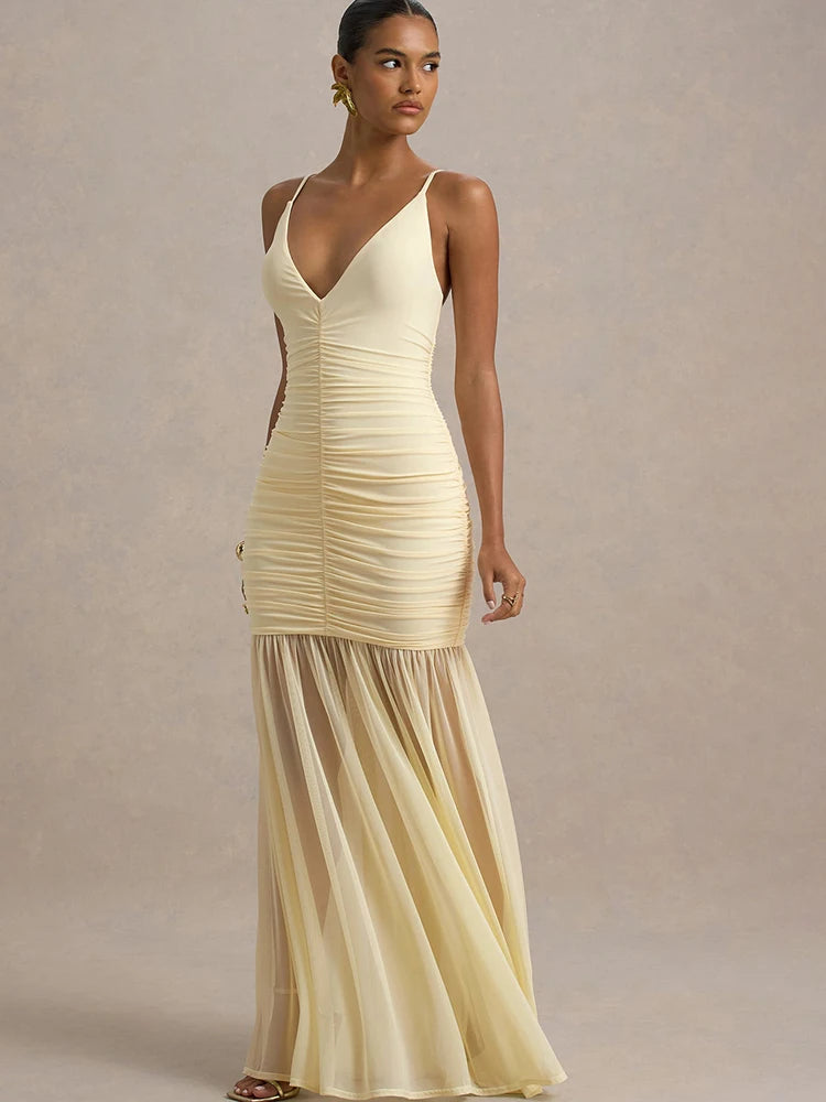 Women's Patchwork V-Neck Maxi Dress – Backless High-Waist Ruched Evening Gown