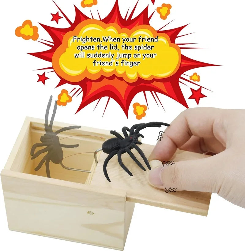 Pop-Out Spider Prank Box – Handmade Wooden Scare Box with Rubber Spider, Funny Surprise Joke Toy for Parties and Halloween