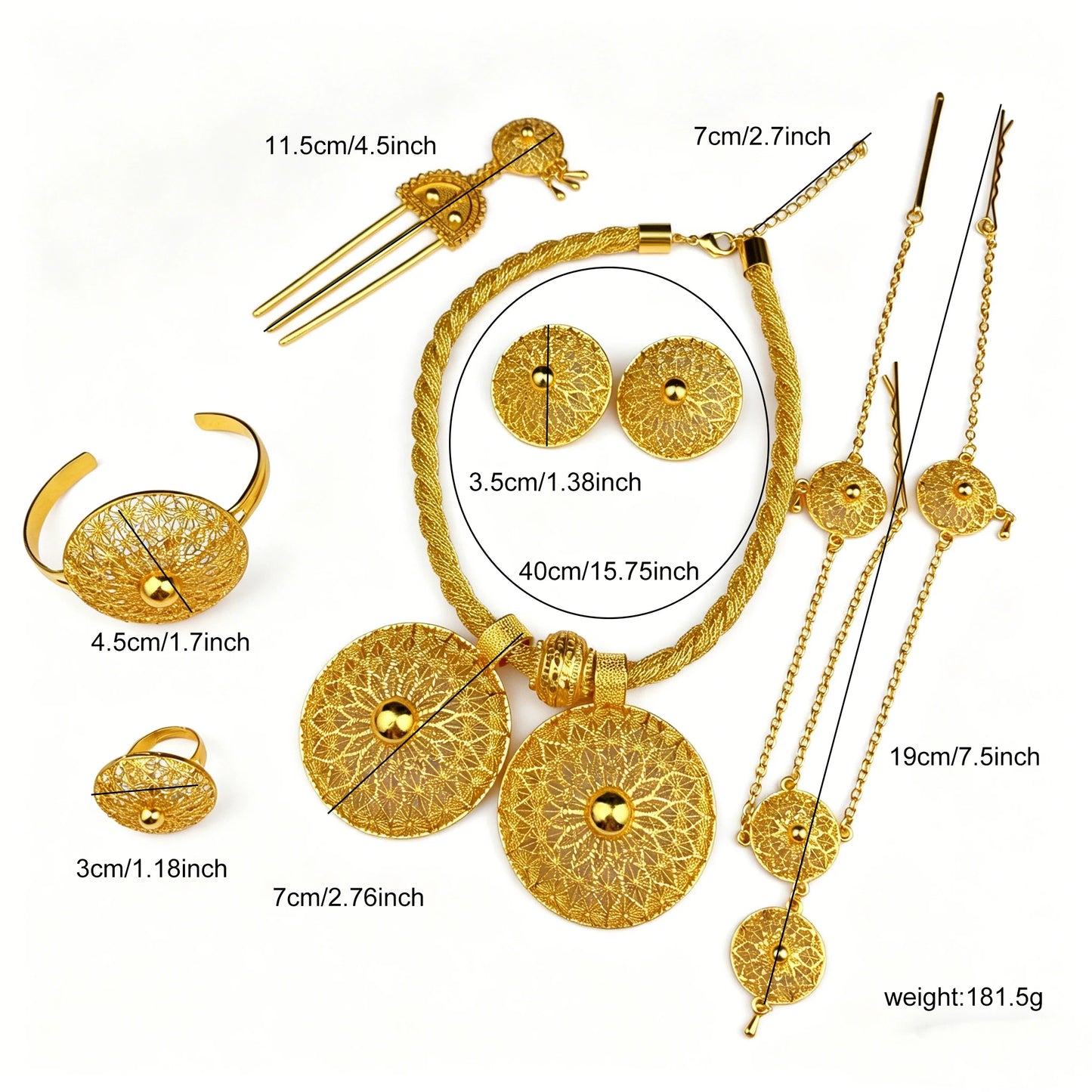 African Ethiopian Eritrean Habesha Dubai 24K Gold-Plated Flower Pendant 6-Piece Jewelry Set