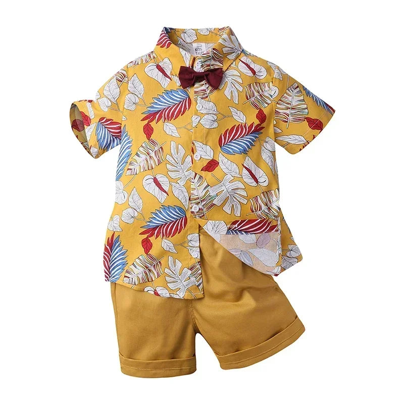 Baby Boys Floral Shirt & Shorts Set with Bowtie, Summer Gentleman Outfit for Infants and Kids