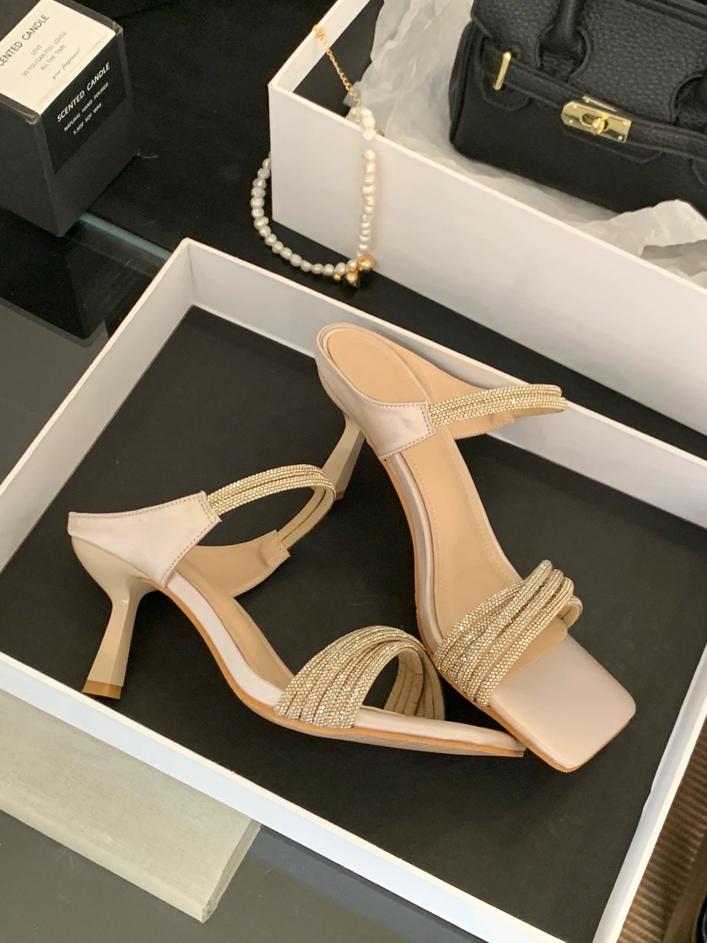 Women’s Open Toe High Heel Sandals with Rhinestone Spaghetti Straps | Party & Dress Shoes
