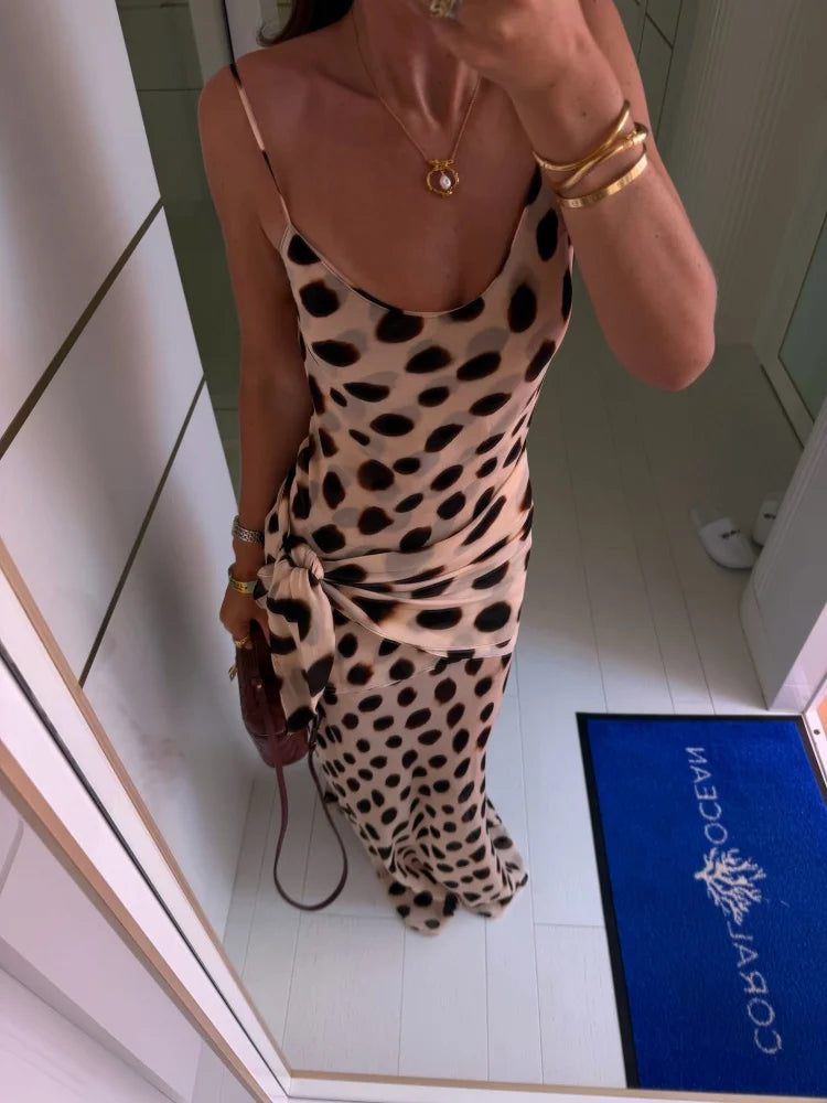 Women's Elegant Animal Print Maxi Dress with Detachable Scarf – Spaghetti Strap, Tie Waist, Slim Fit, Sleeveless Long Dress for Summer, Vacation, Party & Holiday