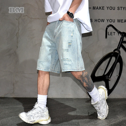 Men's Summer Streetwear Light Blue Ripped Denim Shorts – 5-Inch Inseam, Hip Hop Style, Straight-Leg Jorts