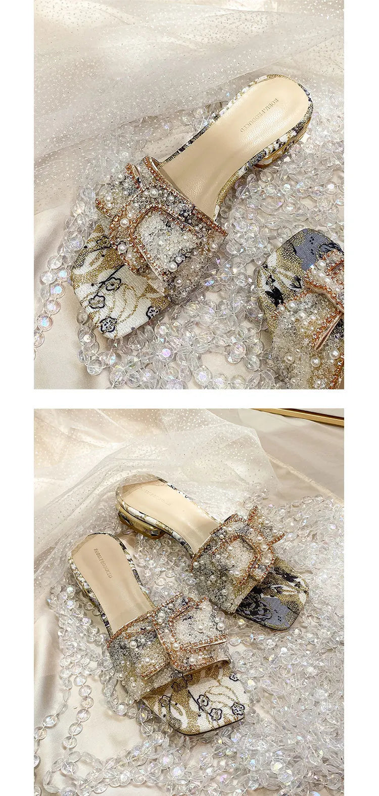 Women’s Rhinestone Slippers – Peep Toe Summer Sandals, Comfortable Chunky Heel Fashion Shoes