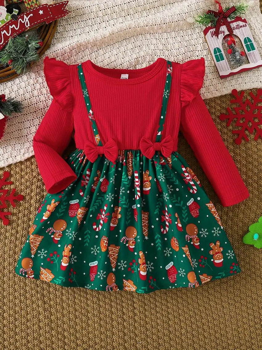 Baby Girl New Year Dress – Green Christmas Tree Print Outfit, “My First New Year” Costume for Newborns & Toddlers
