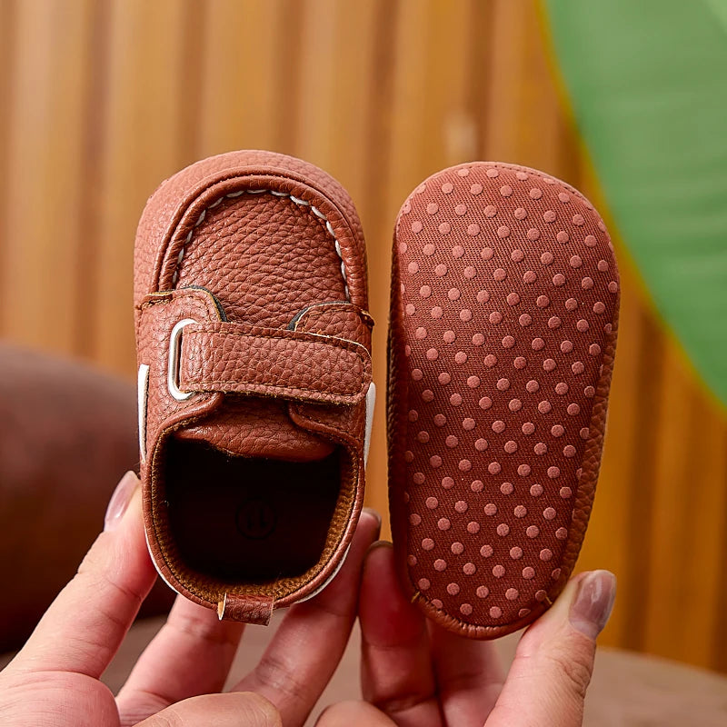 Baby Soft-Sole Loafer Shoes with Hook-and-Loop Straps, PU Leather Prewalker Moccasin Style