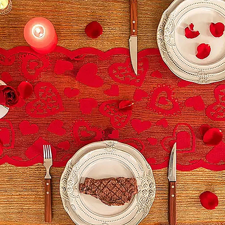 Classic red heart design polyester woven table runner, suitable for Valentine’s Day, family dining, home decoration, and everyday or special occasions.