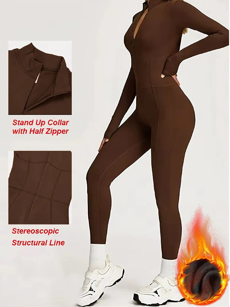 Women’s Warm Plush Winter Jumpsuit One-Piece Tracksuit – Long Sleeve Fitness Bodysuit for Gym, Skiing & Outdoor Wear