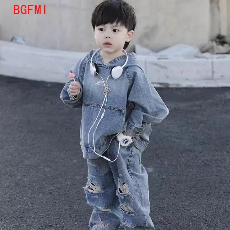 Jacket Hoodies + Jeans 2 Pcs Set Autumn Spring Vintage Children’s Clothing Boy Denim Hole Pants Kids Hooded Pullover Top