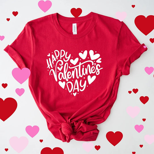 Happy Valentine's Day Crew Neck Short Sleeve T-shirt Women Heart Love Design Fashion Casual Tops Valentines Day Gifts T-shirts