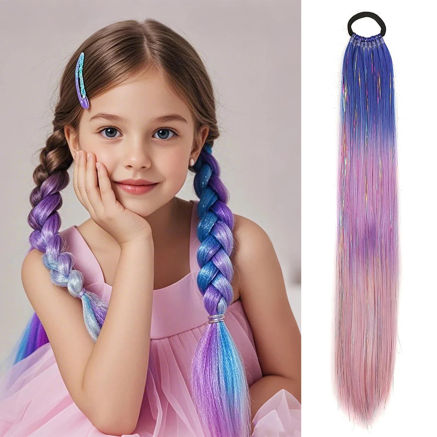 Glitter Tinsel Ponytail Hair Extension with Elastic Tie – Sparkly Braiding Hair Accessory for Kids & Girls