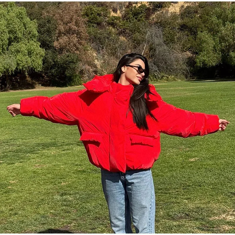 Women’s Hooded Cotton Winter Jacket – Solid Color Short Coat with Zipper Pockets, Warm Casual Outerwear