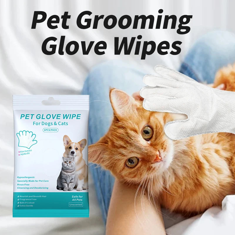 6PCS Pet Cleaning Gloves – Wash-Free Deodorizing Wipes for Cats & Dogs, Disposable Dry Bath Grooming Gloves