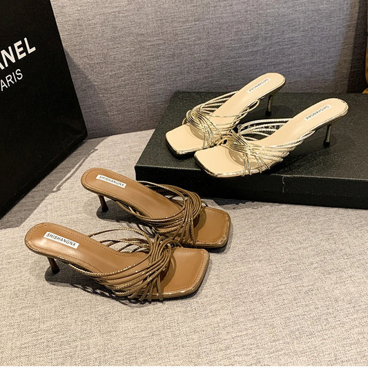 Concise Narrow Band Women's Slippers – Fashion Thin Heel Party Mules / Slide Pumps