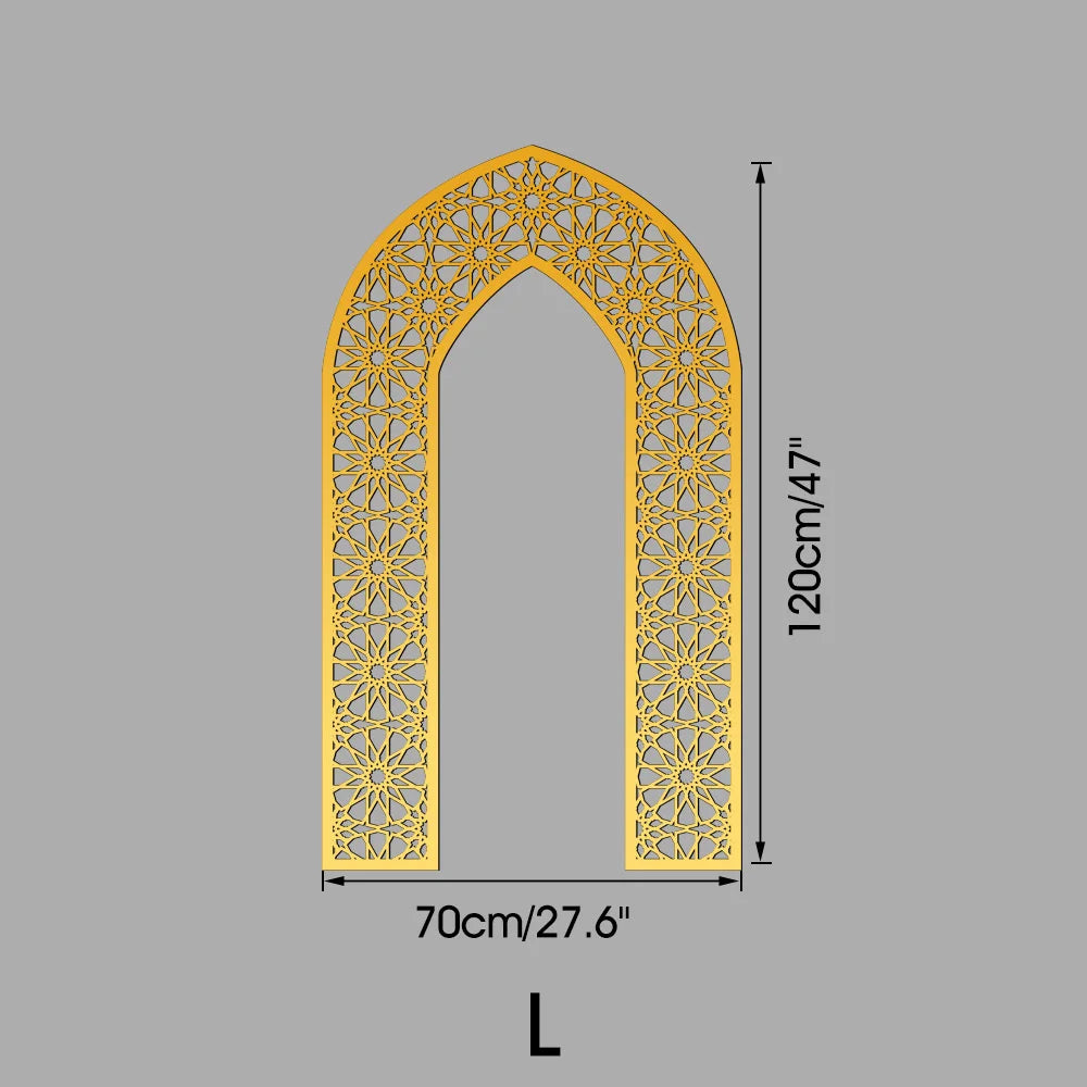 Islamic Arch Mirror Wall Sticker – Gold Acrylic 3D Mosque Frame Decal with Geometric Pattern for Ramadan & Eid Decor