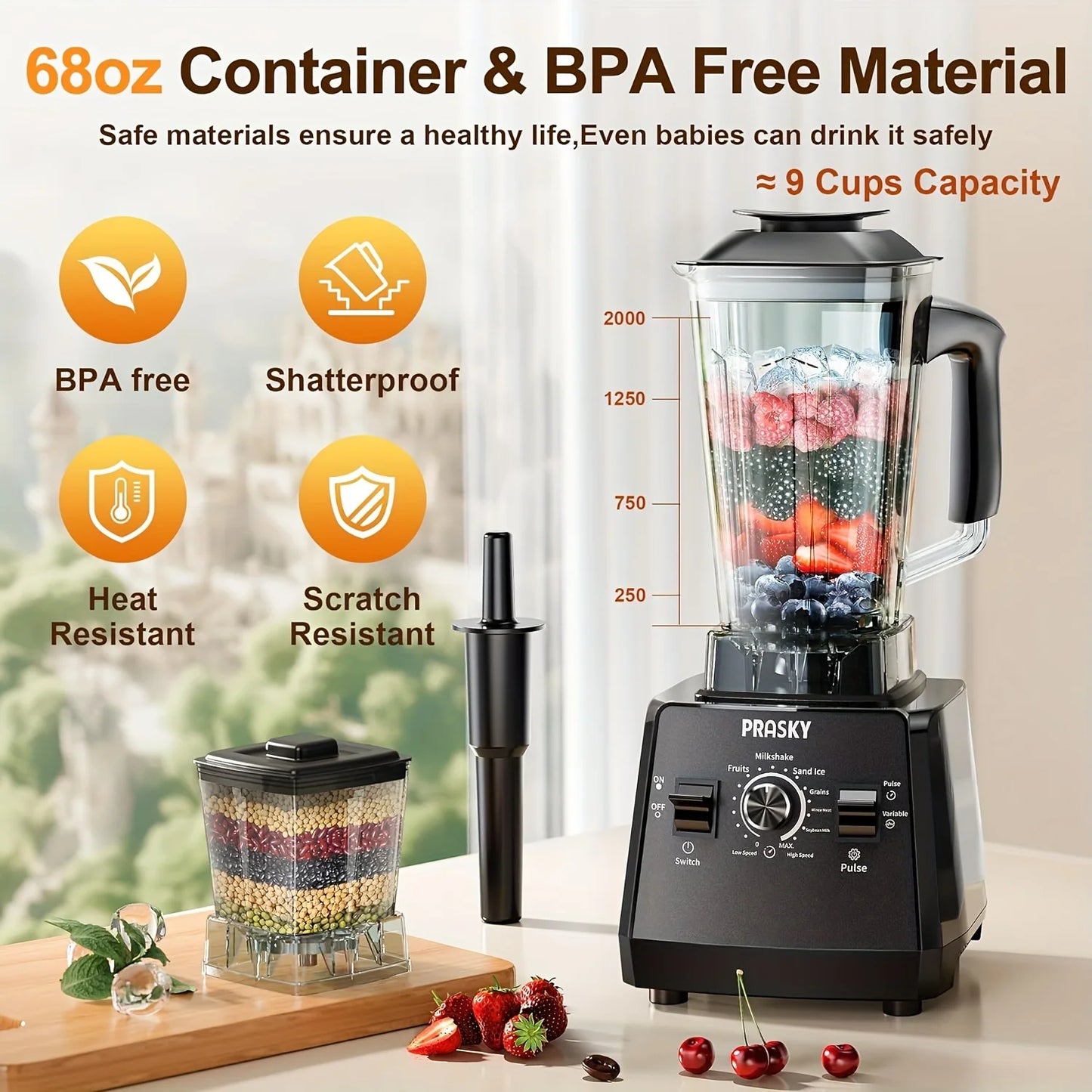 PRASKY 2400W Professional Blender & Grinder Combo – 25,000 RPM High-Speed Kitchen Blender, 68oz BPA-Free Pitcher, 2 Containers, Ice Crusher for Smoothies, Shakes & Frozen Drinks