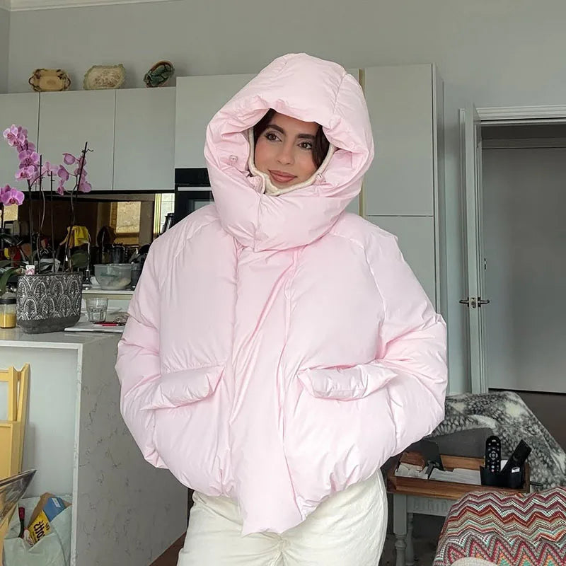 Women’s Hooded Cotton Winter Jacket – Solid Color Short Coat with Zipper Pockets, Warm Casual Outerwear