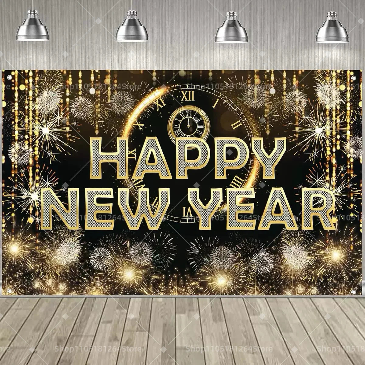 Black & Gold Happy New Year Party Decoration Banner – Festive Photo Backdrop for New Year & Holiday Celebrations