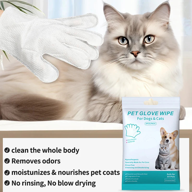 6PCS Pet Cleaning Gloves – Wash-Free Deodorizing Wipes for Cats & Dogs, Disposable Dry Bath Grooming Gloves