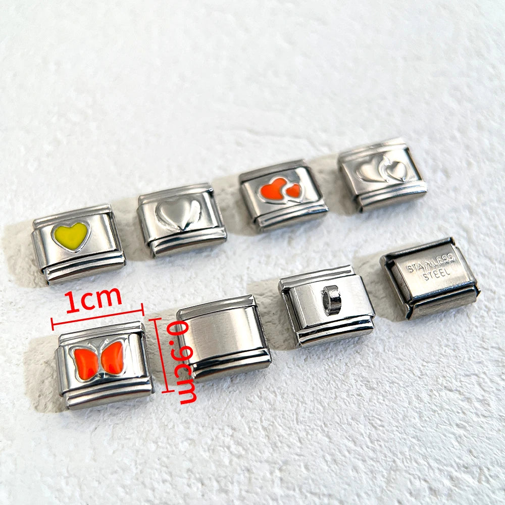 1pc DIY Bracelet Kit – 18 Stainless Steel & Enamel Charms (Love, Heart, Star, Butterfly), 9mm Links, Jewelry Making Wholesale