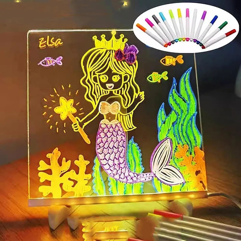 LED Acrylic Drawing Board for Kids – Glow Erasable Writing & Doodle Board with Stand, Reusable Memo Board, DIY Creative Toy, 7 Color Marker Pens
