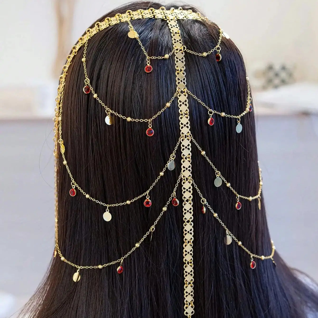 Kurdish-Ottoman-Arabic Bridal Headdress – 24K Gold-Plated Coin Veil Chain with Evil Eye Fringe for Henna Night & Wedding Ceremonies