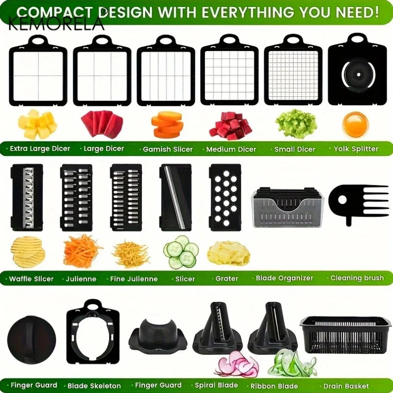 KEMORELA 15-in-1 and 22-in-1 Manual Vegetable Chopper, Dicer, Slicer and Grater with Collection Container