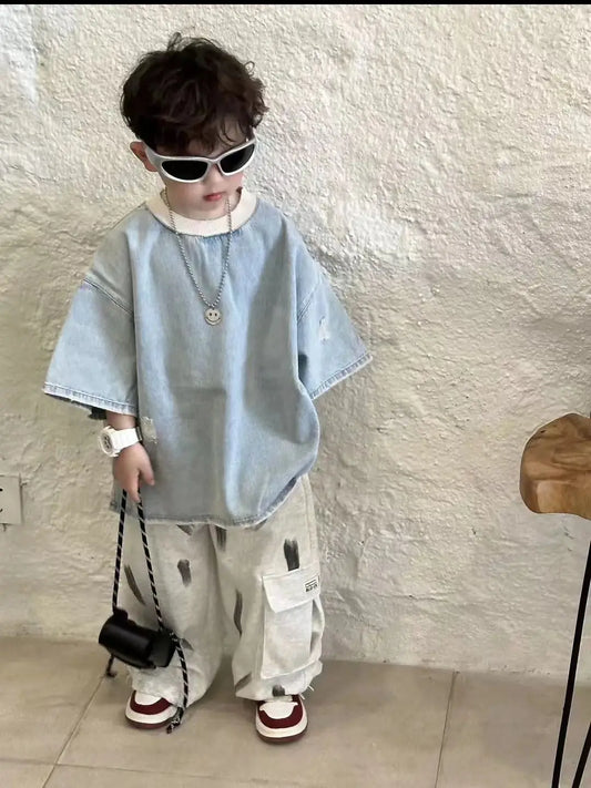 2025 Spring Summer Children's  Denim Hole Short Sleeved Top and Beige Knitted Loose Casual Sports Pants Two-piece Set Outfits