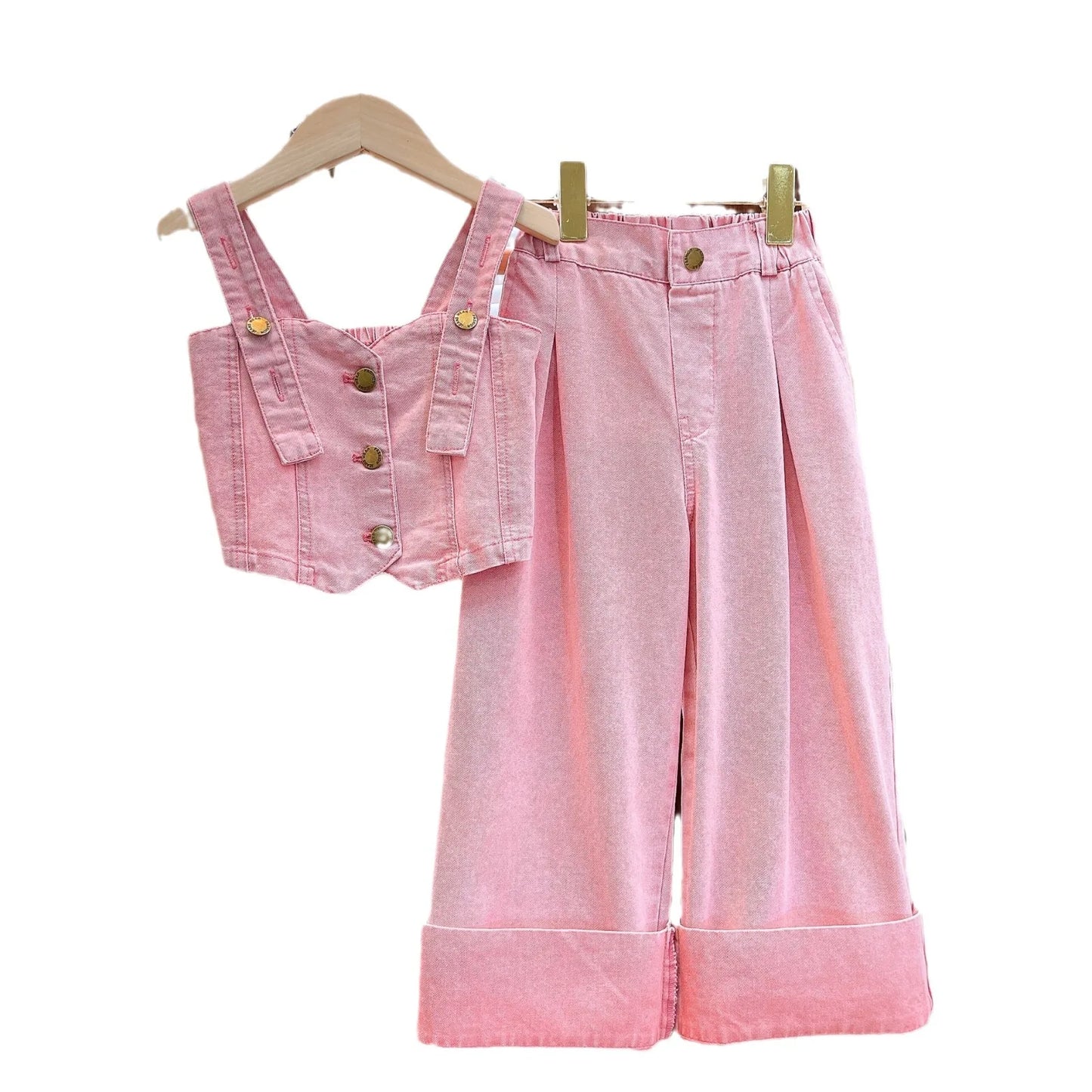 Summer New Mid size Children's Fashion Denim Set with Single breasted Sling Top +Straight leg Pants Kids Girls Clothes Suit 4-13